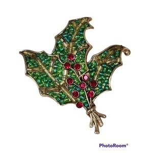 Christmas Holly Leaf & RED Berries Rhinestone Sign LC Large Pin BLING Beautiful